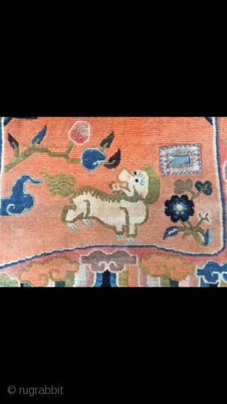 Tibetan butterfly horse saddle, about mid Qing Dynasty. Orange background with snow  mountain lion veins. Good age and condition. Size 120*74cm( 47*29”)
          