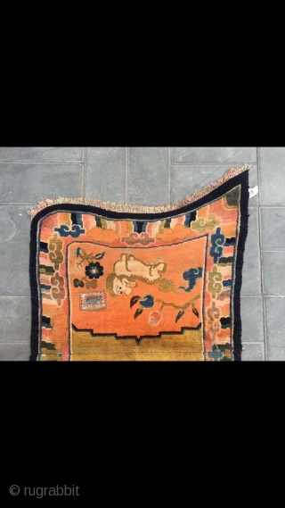 Tibetan butterfly horse saddle, about mid Qing Dynasty. Orange background with snow  mountain lion veins. Good age and condition. Size 120*74cm( 47*29”)
          