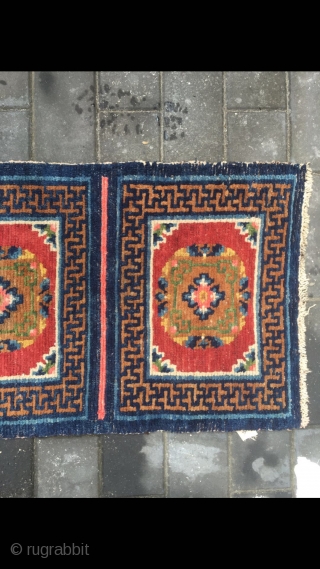 #2071 Tibet rug, five joined mat long rug, wool warp and weft. Coral red background with medallions flowers pattern. It used by lama pray in temple. Good age and quality, no any  ...