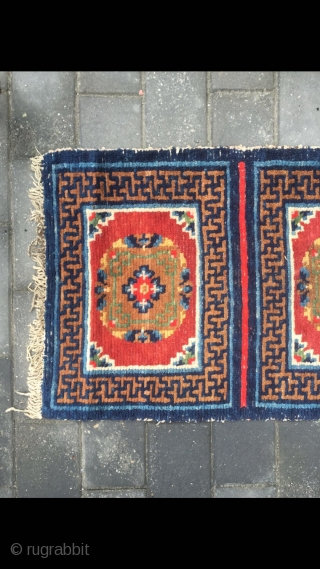 #2071 Tibet rug, five joined mat long rug, wool warp and weft. Coral red background with medallions flowers pattern. It used by lama pray in temple. Good age and quality, no any  ...