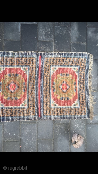 #2071 Tibet rug, five joined mat long rug, wool warp and weft. Coral red background with medallions flowers pattern. It used by lama pray in temple. Good age and quality, no any  ...