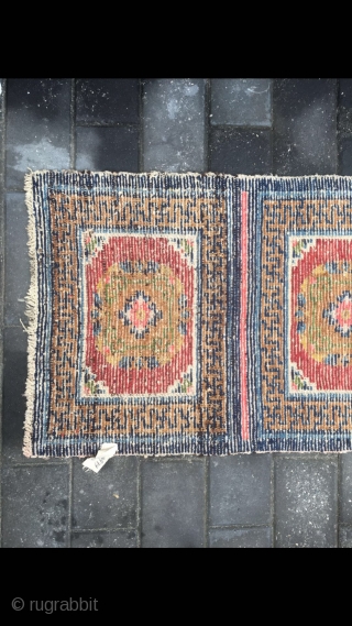 #2071 Tibet rug, five joined mat long rug, wool warp and weft. Coral red background with medallions flowers pattern. It used by lama pray in temple. Good age and quality, no any  ...