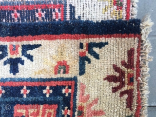 #2075 Tibet rug, blue background with single medallion flower pattern, around with beautiful colorful flowers selvage. Good age and quality. The wool of the rug very good and bright. Wool warp and  ...