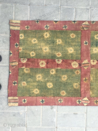 #2076 Tibet door curtain. Full of ball flowers veins. Wollen cloth. Top of have three hanging copper rings made by handicaft. It used in the door of back room. Very good age.  ...