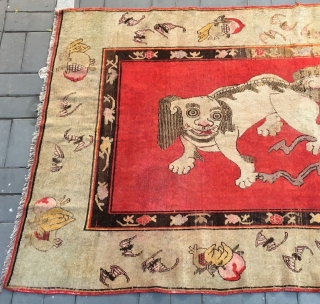 Chinese Xinjiang rug, red background with  little lion pattern, fruit veins selvage, the pronunciation of “tai Shi”, means an official position in ancient China. Good age and condition. Size 180*285cm(70*111”)  