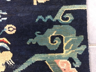#2081 Tibet rug, blue backgound with double bat with flower and lucky cloud veins. In Chinese, the pronunciation of Fu of bat (Bian Fu) is same with prinunciation of Fu of happiness,  ...