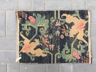 #2081 Tibet rug, blue backgound with double bat with flower and lucky cloud veins. In Chinese, the pronunciation of Fu of bat (Bian Fu) is same with prinunciation of Fu of happiness,  ...