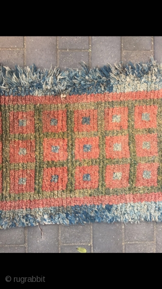 #2082 Tibet Wangden rug. Blue background with red and green selvage checker boards veins.good age and quality. Size 165*75cm(64*29")              