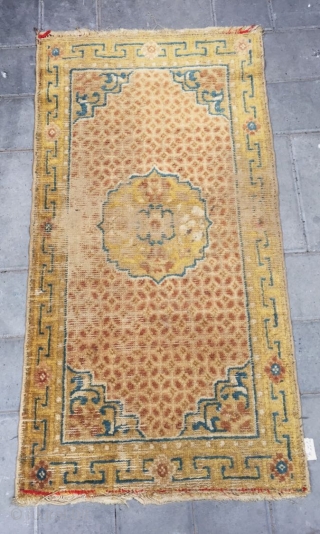 Chinese Ningxia rug, golden background with full of gold coin pattern. Good age. Size 60*120cm(23*46”)                  