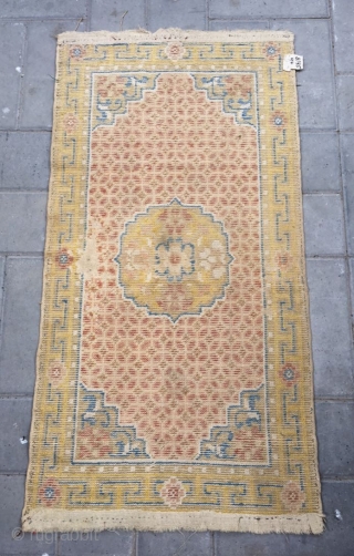 Chinese Ningxia rug, golden background with full of gold coin pattern. Good age. Size 60*120cm(23*46”)                  