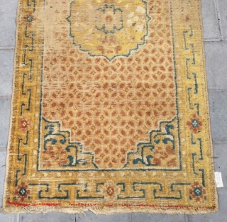 Chinese Ningxia rug, golden background with full of gold coin pattern. Good age. Size 60*120cm(23*46”)                  