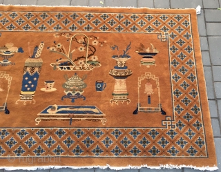 Chinese Baotou rug, camel background with Ancient Chinese vases and flower patterns . Good condition. Size 140*210cm(55*82”)                