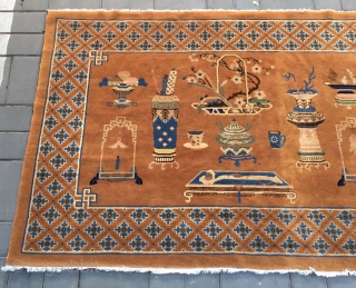 Chinese Baotou rug, camel background with Ancient Chinese vases and flower patterns . Good condition. Size 140*210cm(55*82”)                