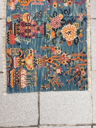 #2088 Tibet rug, blue background with Bogu pattern. Many kinds of antique display goods and lucky flowers and fruits vines which symbolize safe, longevity and good fortune. Good age and quality. Size  ...