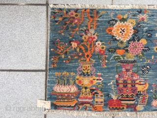 #2088 Tibet rug, blue background with Bogu pattern. Many kinds of antique display goods and lucky flowers and fruits vines which symbolize safe, longevity and good fortune. Good age and quality. Size  ...