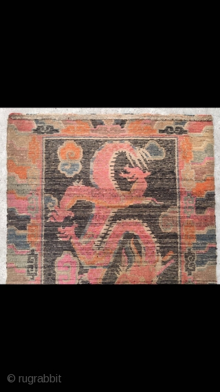 Tibet rug, blue background with double dragon and lucky cloud pattern. Good age and condition. Size 88*162cm(34*63”)                