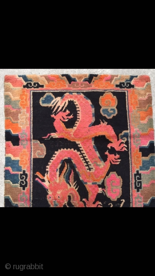 Tibet rug, blue background with double dragon and lucky cloud pattern. Good age and condition. Size 88*162cm(34*63”)                