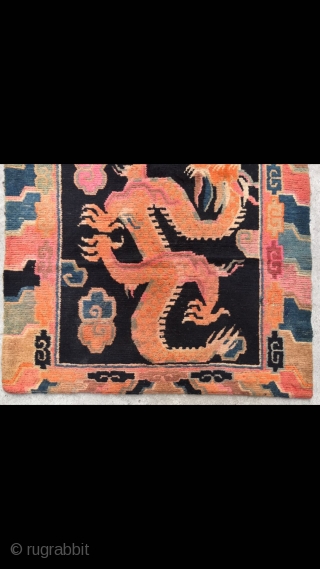 Tibet rug, blue background with double dragon and lucky cloud pattern. Good age and condition. Size 88*162cm(34*63”)                