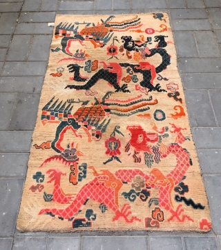 Tibet rug, Double dragon and double phoenix with lucky  cloud pattern,  Good age and condition. Size  90*175cm (35*68”)            