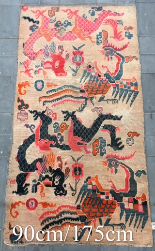 Tibet rug, Double dragon and double phoenix with lucky  cloud pattern,  Good age and condition. Size  90*175cm (35*68”)            