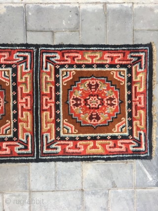 Tibet rug, 3piecs square joined, brown background with medallion flowers pattern , Ding shapes hui veins. Very good condition. Size 176*76cm            