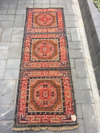 Tibet rug, 3piecs square joined, brown background with medallion flowers pattern , Ding shapes hui veins. Very good condition. Size 176*76cm            