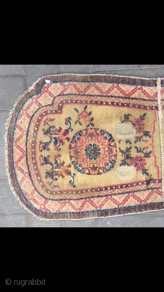 Chinese Ningxia horse saddle rug, nice yellow background with flowers pattern. About 150 years old. Good condition. Size 61*130cm (24*51”)             