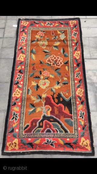 Tibet rug, yellow background with beautiful flowers veins. Good age and condition. Size 80*160cm(31*62”)                   