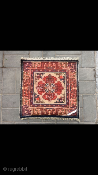 Chinese Ningxia rug, yellow background with Buddha wheel veins. Good age and condition. Size 67*67cm(26*26”)                  