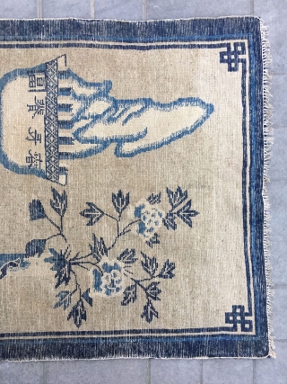 Chinese Baotou rug, light camel backs with antique Bogu veins, vase, Peony, Ruyi, bonsai as well as the text are allegorical spring, sunshine good luck. Good age and condition. Size 96*165cm(37*64”)  