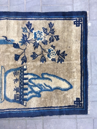 Chinese Baotou rug, light camel backs with antique Bogu veins, vase, Peony, Ruyi, bonsai as well as the text are allegorical spring, sunshine good luck. Good age and condition. Size 96*165cm(37*64”)  