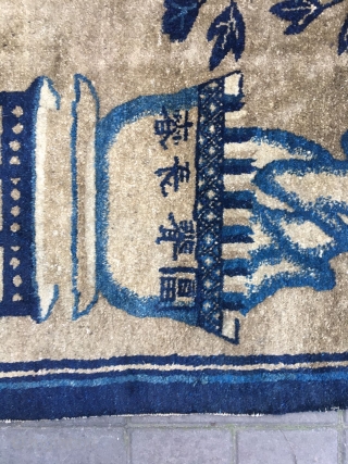 Chinese Baotou rug, light camel backs with antique Bogu veins, vase, Peony, Ruyi, bonsai as well as the text are allegorical spring, sunshine good luck. Good age and condition. Size 96*165cm(37*64”)  