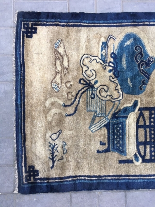 Chinese Baotou rug, light camel backs with antique Bogu veins, vase, Peony, Ruyi, bonsai as well as the text are allegorical spring, sunshine good luck. Good age and condition. Size 96*165cm(37*64”)  