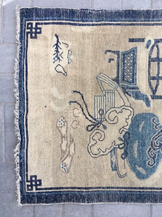 Chinese Baotou rug, light camel backs with antique Bogu veins, vase, Peony, Ruyi, bonsai as well as the text are allegorical spring, sunshine good luck. Good age and condition. Size 96*165cm(37*64”)  