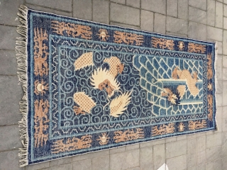 Chinese Baotou rug, blue background with nice dragon in the cloud pattern. Good condition. Size 100*200cm( 39*78”)                