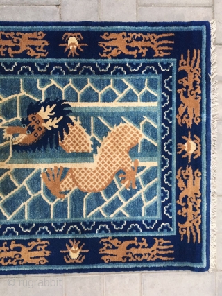 Chinese Baotou rug, blue background with nice dragon in the cloud pattern. Good condition. Size 100*200cm( 39*78”)                