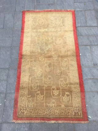 Tibet rug, yellow background with full of lotus pattern. More than 150 years old. Wool warp and weft, no any repair. Size 80*152cm(31*59”)          