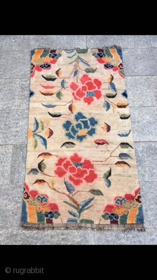 Tibetan rug, Ivory white color , nice three flower and lucky clouds veins. Wool warp and weft. Good age and condition. Size 80*155cm(31*60”)          