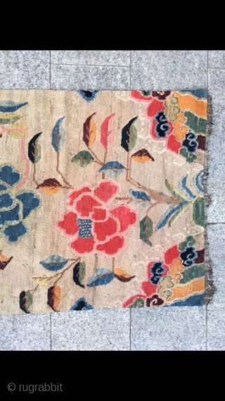 Tibetan rug, Ivory white color , nice three flower and lucky clouds veins. Wool warp and weft. Good age and condition. Size 80*155cm(31*60”)          