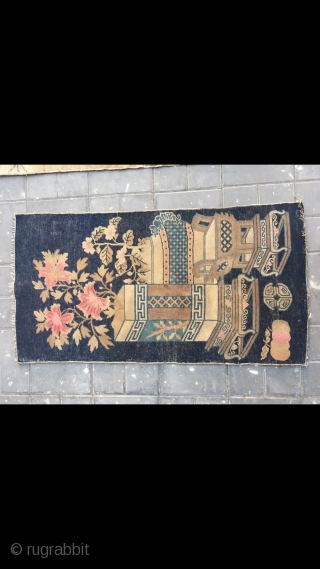 Chinese Baotou rug, blue background with Bogu vase and flowers vines. Good age and condition. Size 66*130cm(26*51”)                