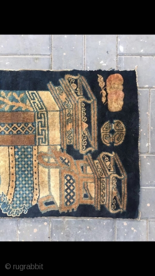 Chinese Baotou rug, blue background with Bogu vase and flowers vines. Good age and condition. Size 66*130cm(26*51”)                