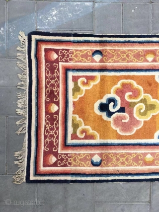 Ningxia rug, yellow-camel background with colorful lucky cloud pattern, around with lucky cloud selvage. Good age and condition. Size 161*76cm             