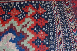 a beautiful handmade sufrah kilim from herat afghanistan it's in a very great condition with beautiful colours and it's about 80 years old the size is 129 x 122 CM for more  ...