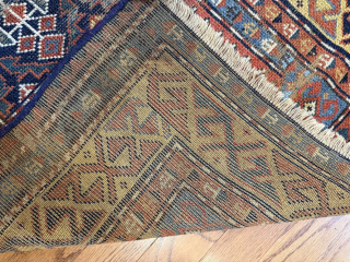 Z/A Anique Caucasian Prayer pattern Kazak Cir:1900 pile rug.
Size: 4'6" X 2'6"
Worn areas.
Zahirpour@gmail.com
                    