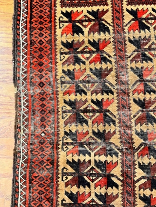 2799 Persian Baluch Prayer pattern pile rug Cir:1920
100% Wool Persain knot it has some miner wear. 
Size: 4'7" X 2'3"             