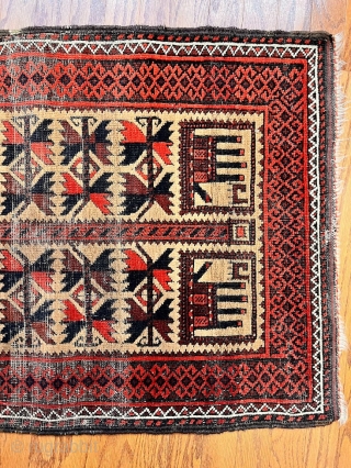 2799 Persian Baluch Prayer pattern pile rug Cir:1920
100% Wool Persain knot it has some miner wear. 
Size: 4'7" X 2'3"             