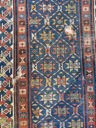 3343 Antique Shirvan Cir:1880 Size: 5'5" X 2'7" all hand Spon and natural dyes.
It has some hole sold as is.