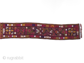 Embroidered wedding sash for groom, Kutch district, Gujarat, Western India. Silk on cotton. 57" (144.7 cm) long by 5.5" (14 cm) wide. Soft hand, very good condition. Early 20th century.   