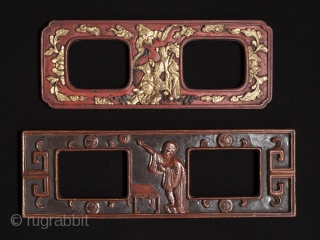 Opera handcuffs,
China.
Wood, lacquer, paint, gilding.
Early 20th century.
Largest is 13.5" (34.2 cm) wide by 4.5" (11.4 cm) high.
Ex. Tess Johnston, author and historian.

These curious objects were used in Chinese operas as stage handcuffs,  ...