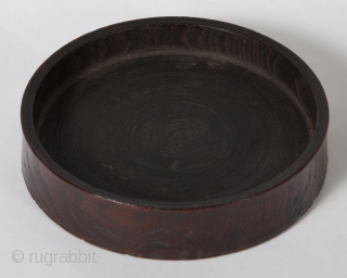 Small box,
Korea.
Zelkova (elm) wood, green paint,
4.25" 10.8 cm) high, 5.5" (14 cm) diameter.
Late 19th to early 20th century.
This unique, beautifully grained box has been carved as if there were three separate tiers  ...